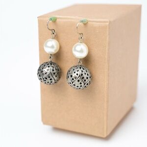 Silver and White Pearl Filigree Earrings